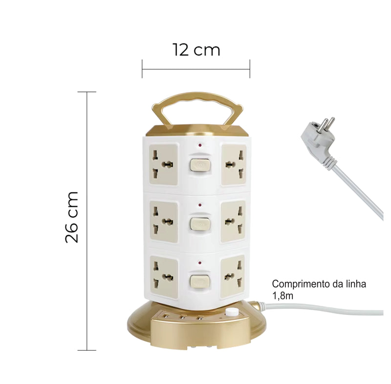 Tomada Tipo Torre Protetora de Sobrecarga de Cabos  com 12 Saídas, 3 USB -  Peça já  a sua (Frete Grátis todo Brasil)