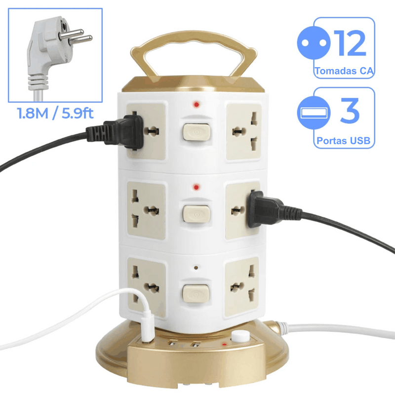 Tomada Tipo Torre Protetora de Sobrecarga de Cabos  com 12 Saídas, 3 USB -  Peça já  a sua (Frete Grátis todo Brasil)