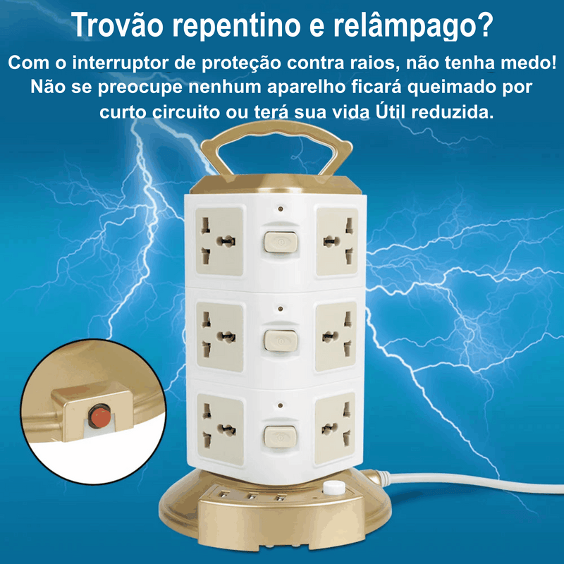 Tomada Tipo Torre Protetora de Sobrecarga de Cabos  com 12 Saídas, 3 USB -  Peça já  a sua (Frete Grátis todo Brasil)